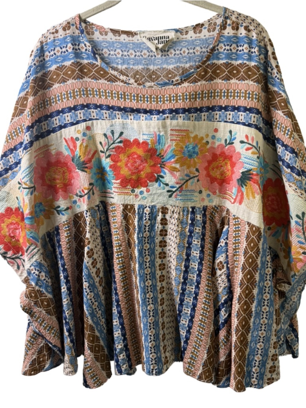 Savanna Jane Floral Embroidered oversized flowy blouse - Pink, Blue & Brown